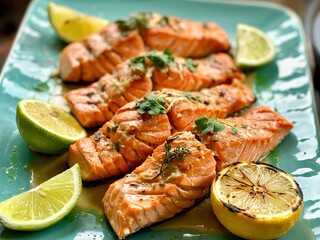 Grilled salmon fillets with lemon wedges and herbs, served on a teal plate