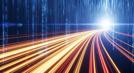 Abstract technology background showing light trails and binary code, representing high speed data transfer and digital communication in the modern era