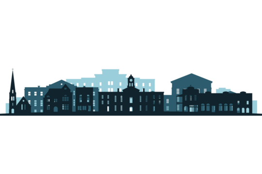 Captivating silhouette cityscape featuring diverse architectural styles and a prominent church spire, symbolizing community and history