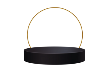 Empty black cylinder podium with golden hoop on white background for product display or presentation