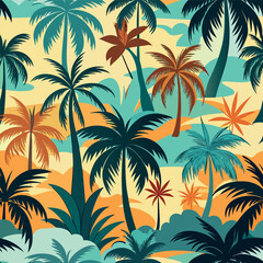 Tropical palm tree pattern with sunset colors and beach background