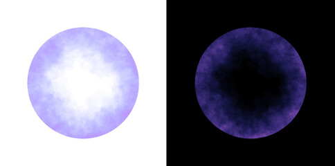 Realistic circular violet smoke frame with soft edges and transparent texture isolated on white and black backgrounds for design use