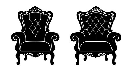 Elegant black and white illustration of two ornate vintage armchairs