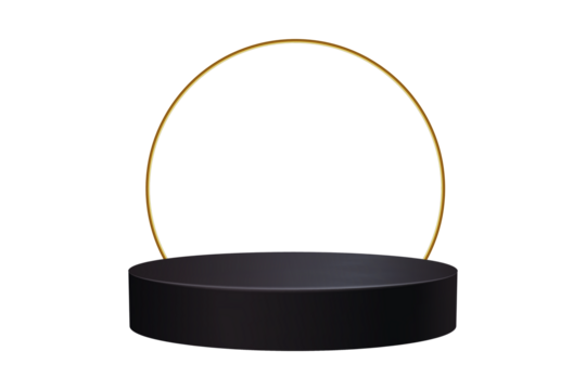 Empty black cylinder podium with golden hoop on white background for product display or presentation