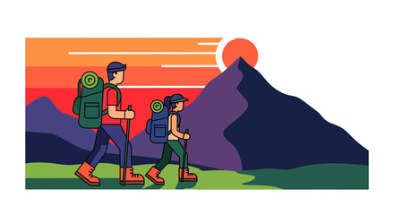 Adventurous Couple Enjoys Scenic Mountain Hike During A Picturesque Sunset Adventure