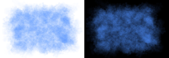 Realistic rectangular blue smoke frame with soft edges and transparent texture shown on white and black backgrounds for design use