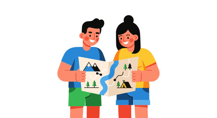 Adventurous Couple Examining a Map Together Planning a Scenic Journey Destination Search