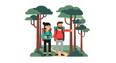 Adventurous Couple Explorers Embarking on a Forest Trail Journey with Photography Gear