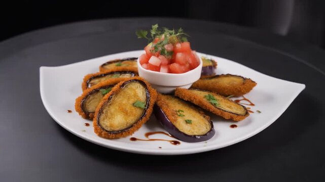Panierte Auberginen-Steaks mit Tomatensalsa