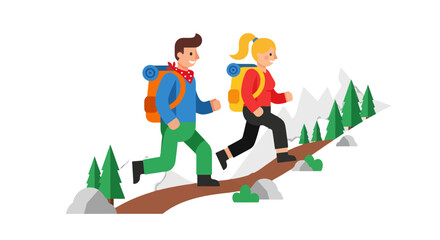 Adventurous Couple Hiking Up A Mountain Trail With Backpacks in a Modern Style