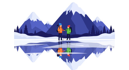 Adventurous Couple In Winter Landscape Reflected In Icy Water Under Snow Peaks
