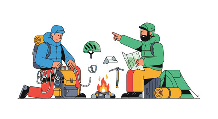 Adventurous Couple Planning Mountain Expedition: Illustrated Concept on Black Background