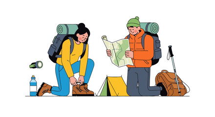 Adventurous Couple Planning Next Journey While Kneeling And Inspecting A Map