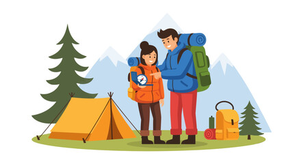 Adventurous Couple Planning Their Camping Trip in Front of Mountains Under Skies