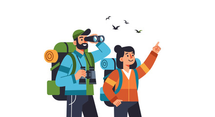 Adventurous Couple Observing Wildlife, Discovering Nature and Experiencing Outdoors Adventures