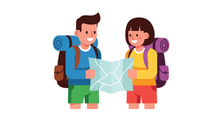 Adventurous Couple Planning Trip Holding Map Outdoors With Backpacks And Smiles