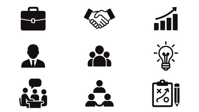 A flat design business and consulting icon collection in minimalist black and white, featuring symbols like briefcase, handshake, growth chart, target, and strategy board