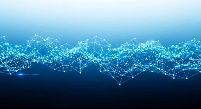 Abstract network connection structure with glowing nodes, representing global communication, data analysis, and the interconnected digital landscape
