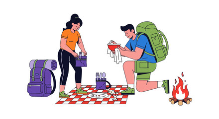 Adventurous Couple Preparing Camp and Meal With Backpacks, Bonfire and Picnic Area