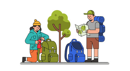 Adventurous Couple Ready For Hiking Exploring Nature With Backpacks And A Map