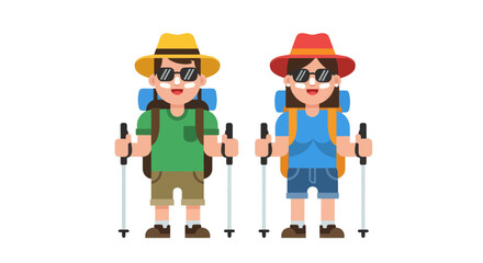Adventurous Couple Ready For Trekking Expedition With Backpacks And Walking Sticks