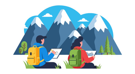 Adventurous Couple Sketching Mountainous Terrain While Immersed In the Natural Landscape