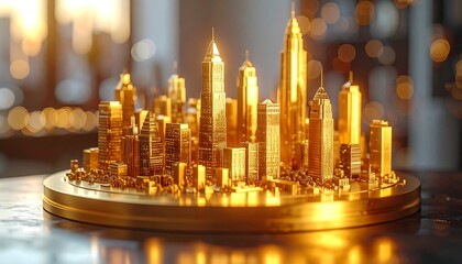 Miniature golden city skyline on a round base, with a blurred background of lights and objects