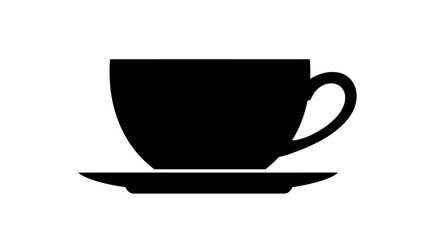 Simple black silhouette of a teacup and saucer on a white background