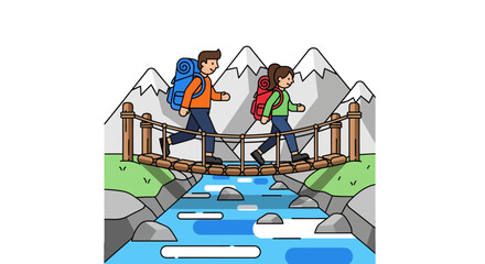 Adventurous Couple Traversing A Wooden Bridge In Scenic Mountain Landscape
