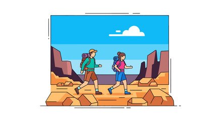 Adventurous Couple Traversing Arid Landscape Under Blue Sky During Hike Expedition
