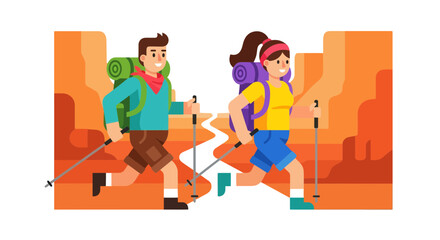 Adventurous Couple Traversing Canyon Trails in Animated Illustration of Hiking