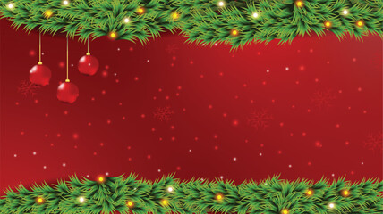 Realistic Christmas Background with Pine Garland, Glowing Fairy Lights, and Hanging Orbs - Festive Holiday Decoration for Warm Winter Celebrations