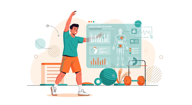 AI-Powered Fitness: Man Working Out with Augmented Reality Guidance for Recovery Program