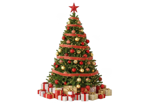 Beautifully decorated christmas tree with red ribbon and gold ornaments, surrounded by gift boxes, isolated on transparent background