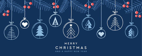 merry christmas card with hanging decoration in form of tree and heart vector illustration