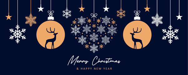 christmas greeting card with decorative christmas balls with reindeer vector illustration