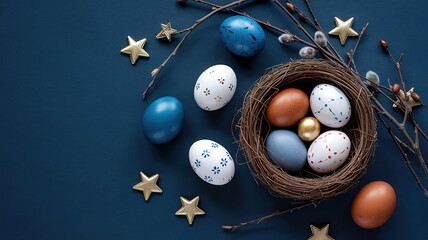 Decorated Easter Eggs in Nest Surrounded by Gold Stars and Branches