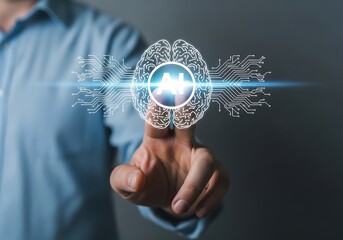 A hand pointing at a digital brain with the letters ai, representing artificial intelligence and machine learning in a modern technological setting with a blue light flare