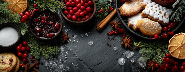 wide elegant background with christmas cookies and holiday ingredients, space for text