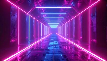 Naklejka premium Neon-lit corridor with pink and blue lights reflecting on a dark, wet tile floor in a futuristic space