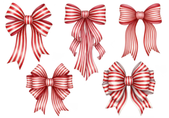 Collection of five red and white striped bows isolated on transparent background