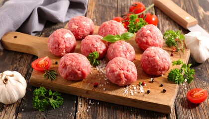 Raw meatballs sit on a wooden board with tomatoes, herbs, and a spatula on a weathered wooden surface