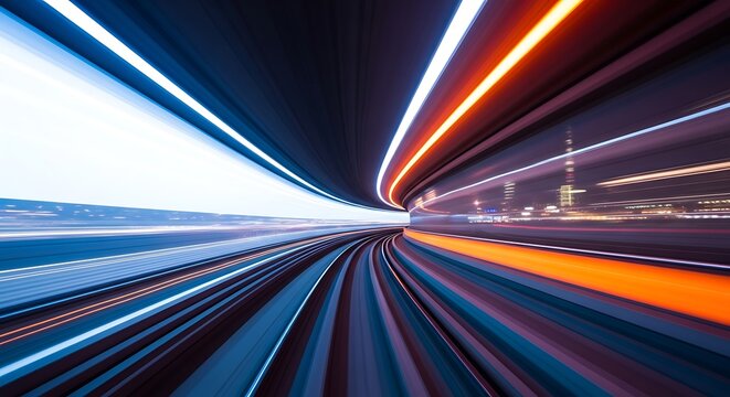 Abstract high speed movement in city with light trails and blurred motion, representing modern transportation and futuristic technology concept