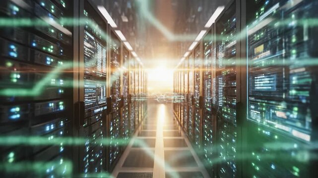 A vast server room is illuminated by the warm glow of light, housing rows of powerful servers. This technological scene features advanced data processing and vibrant connections.
