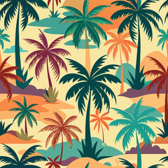 Tropical palm tree pattern with sunset colors and beach background