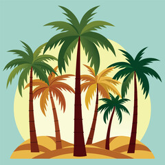 Tropical palm tree pattern with sunset colors and beach background