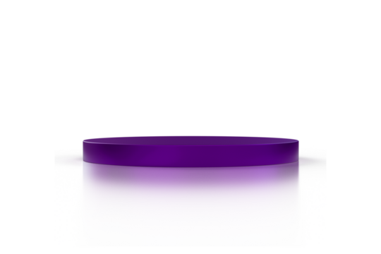A sleek purple circular podium on a reflective white background, perfect for product presentation. 3D rendered pedestal stage for showcasing items