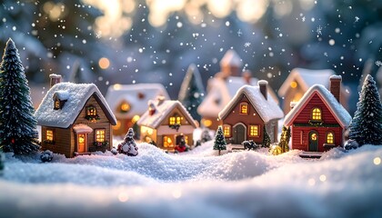 Miniature snow-covered village with cozy houses, lit windows, evergreens, and gently falling snow creates a winter wonderland