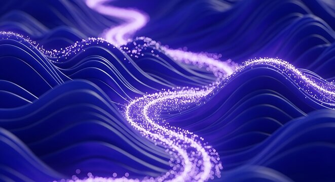 A captivating 3d render showcases a vibrant purple light trail gracefully weaving through undulating blue waves, creating a mesmerizing visual experience - Powered by Adobe