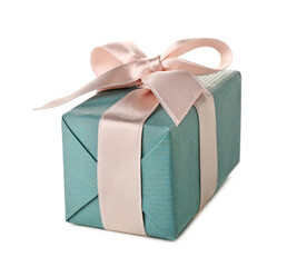 Blue gift box with pink bow on white background. International Women's Day